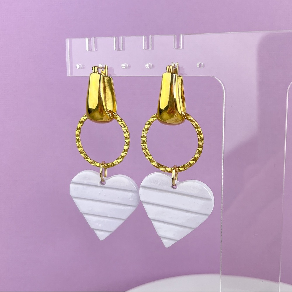 Handmade Polymer Clay Purple Heart Earrings w/ Vintage Gold Chunky Daint…